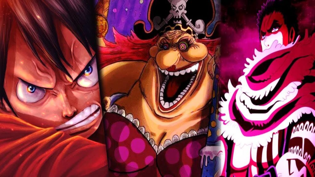Luffy, Big Mon e Katakuri, personagens de Whole Cake.