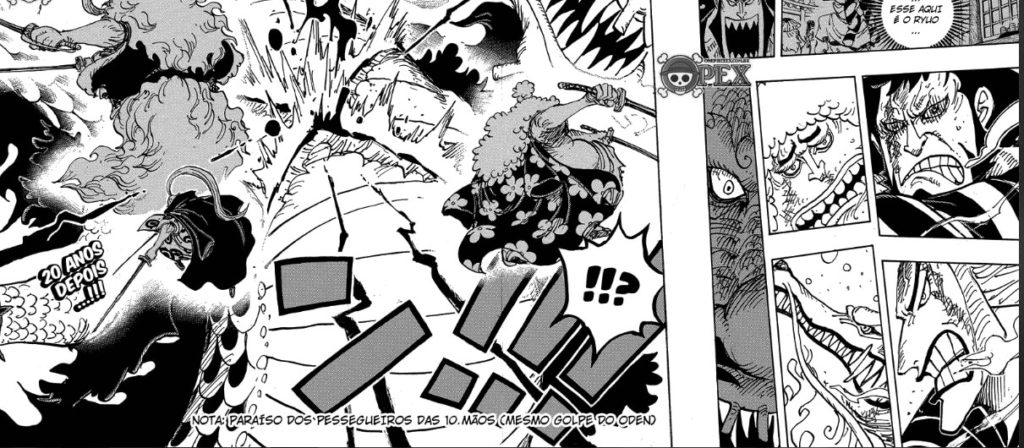 Cena final de One Piece 992. Kaido é acertado pelos bainhas.