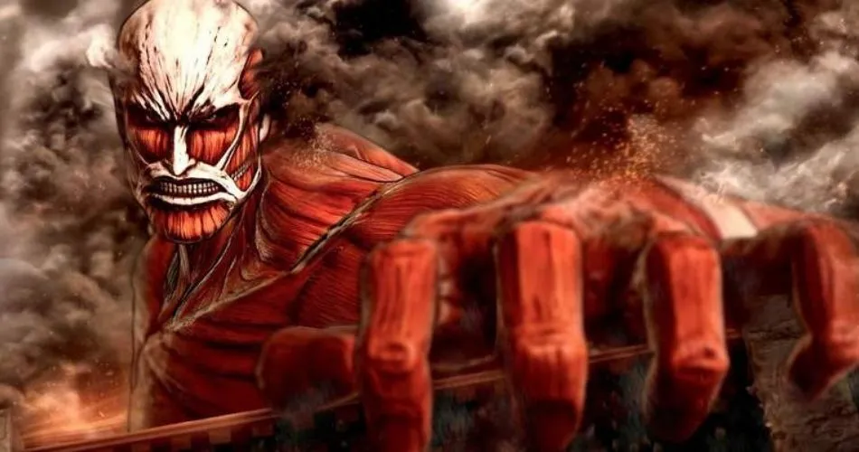 Titã Colossal. Titã humanoide vermelho com o braço estendido para frente segurando a muralha da cidade.