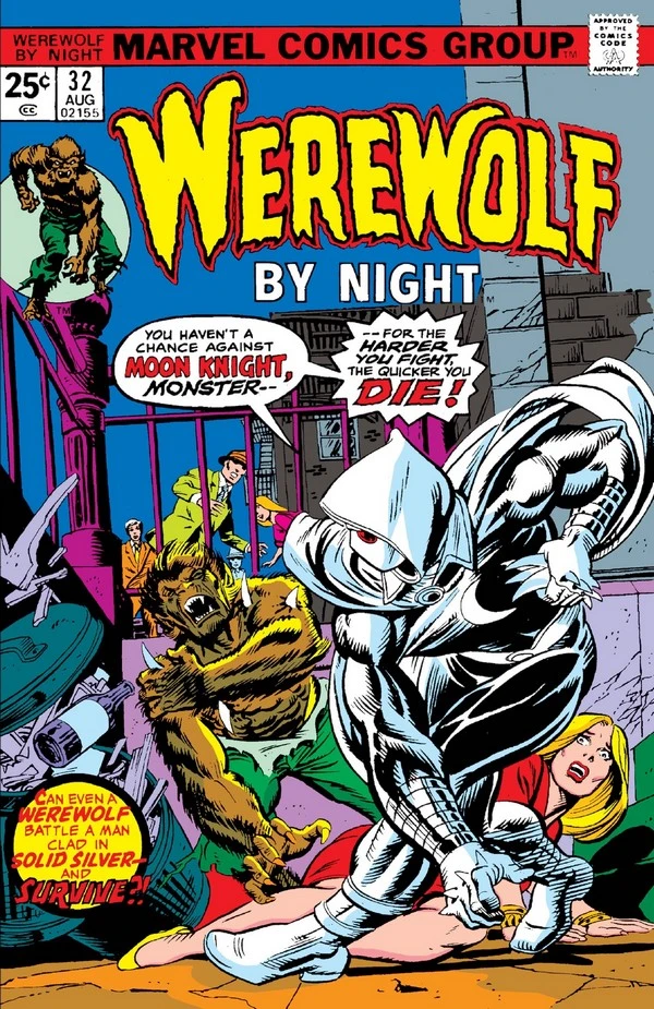 capa da revista Werewolf by Night, de 1975, onde cavaleiro da lua surgiu e aparece ao lado do personagem Lobisomem