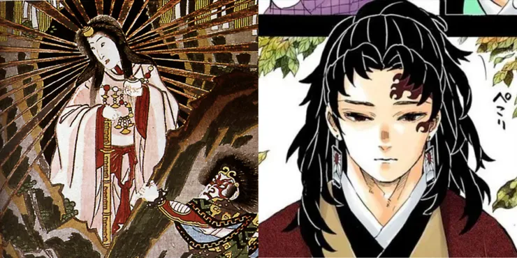 À esquerda: Amaterasu. À direita: Yoriichi Tsugikuni de Demon Slayer (Kimetsu no Yaiba)