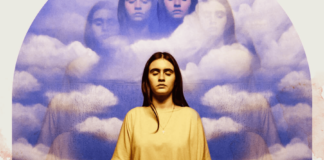 Raquel 1:1 – Resenha poster do filme raquel 1:1. A protagonista surge em destaque (Valentina Herszage), de olhos fechados em um fundo celestial, com o céu e sua própria imagem reproduzida como a de anjos
