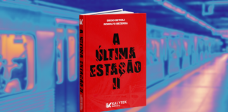 Você precisa ler A Última Estação, obra original brasileira criada por Rodolfo Bezerra e Diego Betioli capa de a ultima estação ii, vermelha com letras pretas, e nome dos autores e da editora em branco. a imagem da capa está aplicada em um fundo desfocado de uma foto do metrô de são paulo