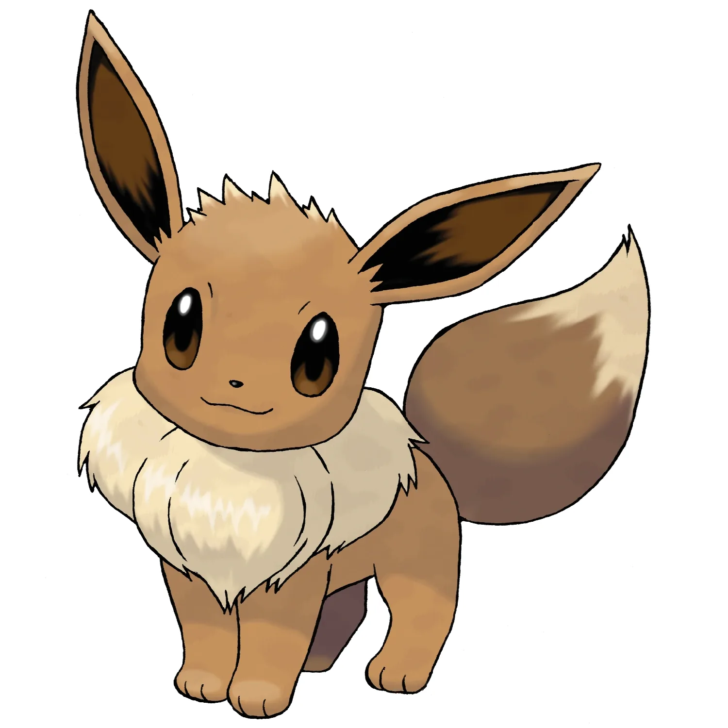 Eevee, o Pokémon de pelagem marrom e cauda felpuda, em arte oficial da Nintendo/Game Freak