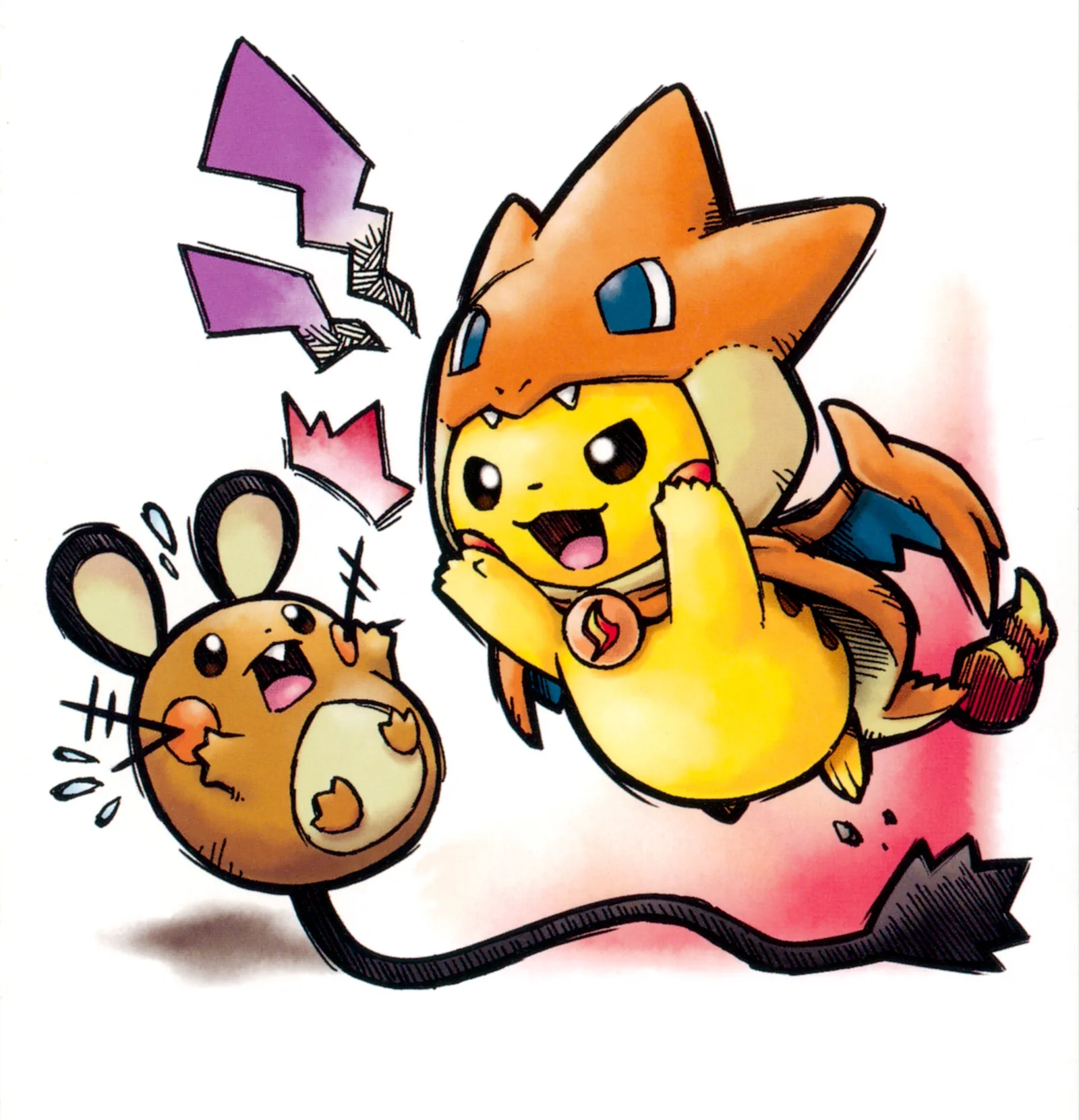 Pikachu vestindo o poncho do Mega Charizard Y ao lado de Dedenne, em ilustração oficial do Pokémon Center