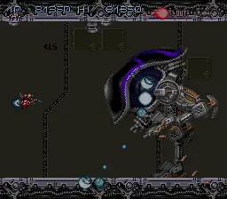 Gameplay de Axelay em fase com horizonte curvo no SNES