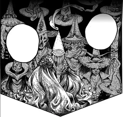 Os Brimmed Caps reunidos, com chapeus que escondem o rosto, em pagina do manga Witch Hat Atelier