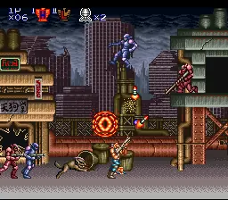 Gameplay de Contra III com acao e explosoes no SNES