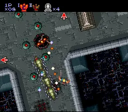 Fase vista de cima em Contra III com Mode 7 no SNES