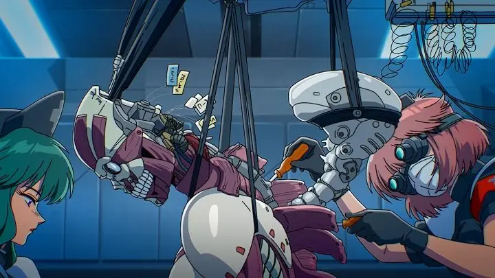 Cena de manutencao de um robo Fuchikoma em Ghost in the Shell 2026