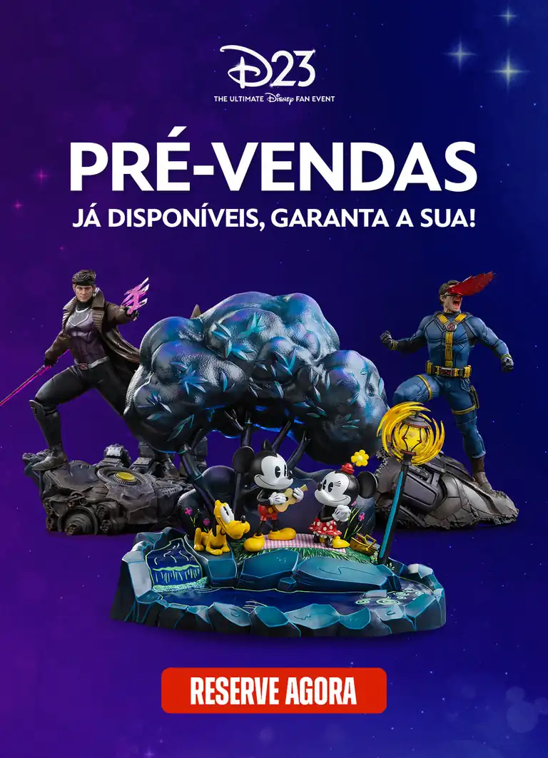 Estatuas de Gambit, Ciclope e diorama de Mickey e Minnie da Iron Studios em cartaz de pre-venda D23