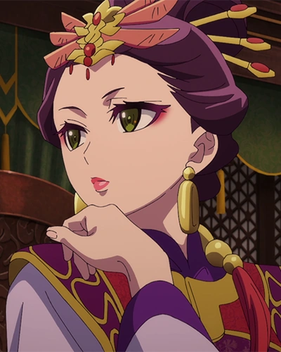 vilões de Diários de uma Apotecária: Lady Loulan, disfarçada como Shisui, em arte do anime