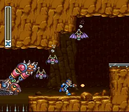 Gameplay de Mega Man X na fase do Armored Armadillo no SNES