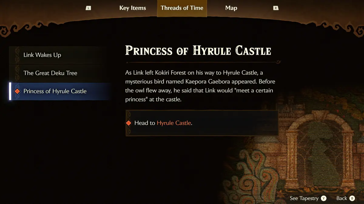 Menu Threads of Time no remake de Ocarina of Time, mostrando a lista de missoes e o botao Ver Tapecaria