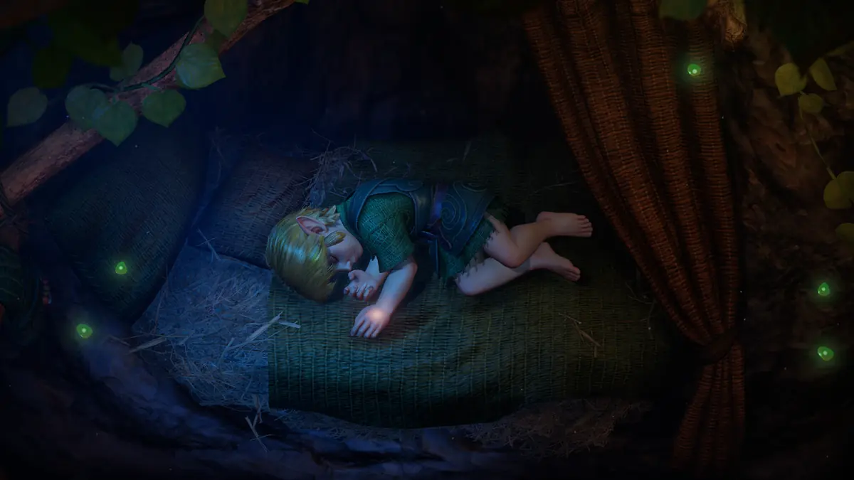 Link crianca dormindo na Floresta Kokiri no remake de Ocarina of Time para Switch 2, com graficos redesenhados