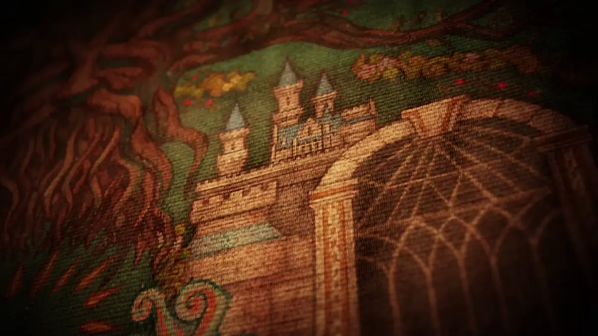 Tapecaria Threads of Time no menu do remake de Ocarina of Time, mostrando o Castelo de Hyrule bordado