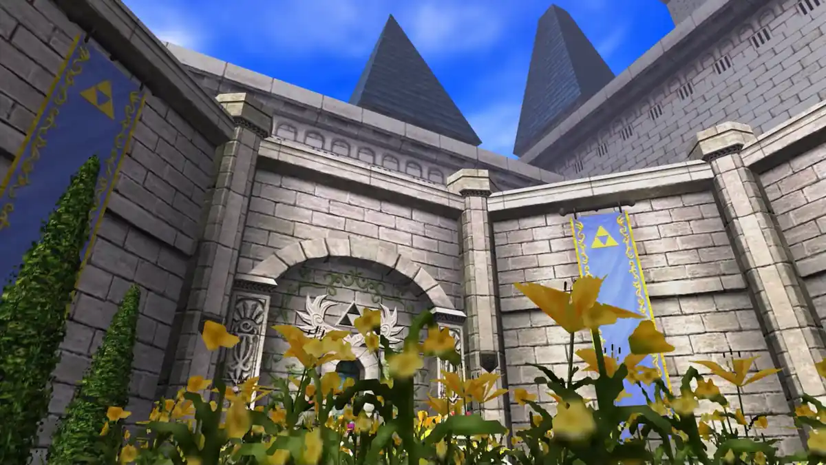 Screenshot do Patio do Castelo em Ocarina of Time 3D para Nintendo 3DS