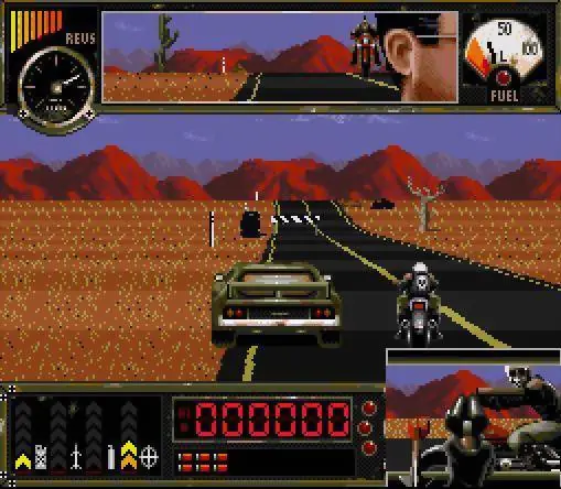 Gameplay de Outlander dirigindo no deserto no Super Nintendo