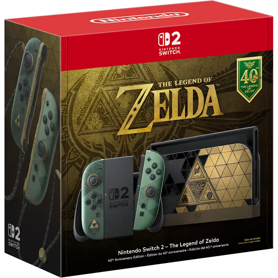Caixa do Switch 2 edicao Zelda 40 anos, com selo de 40 anos e aviso de que o jogo nao esta incluso