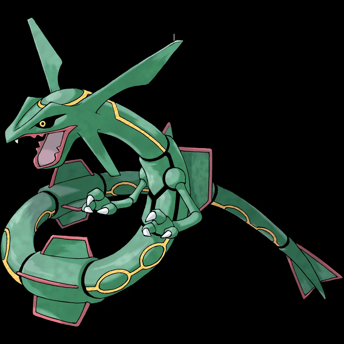 Rayquaza, Pokémon lendário do tipo Dragão e Voador, em arte oficial