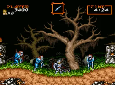 Gameplay de Super Ghouls n Ghosts com o cavaleiro Arthur no SNES