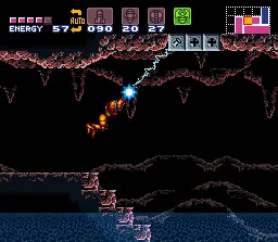 Samus usando o Grapple Beam em Super Metroid no SNES