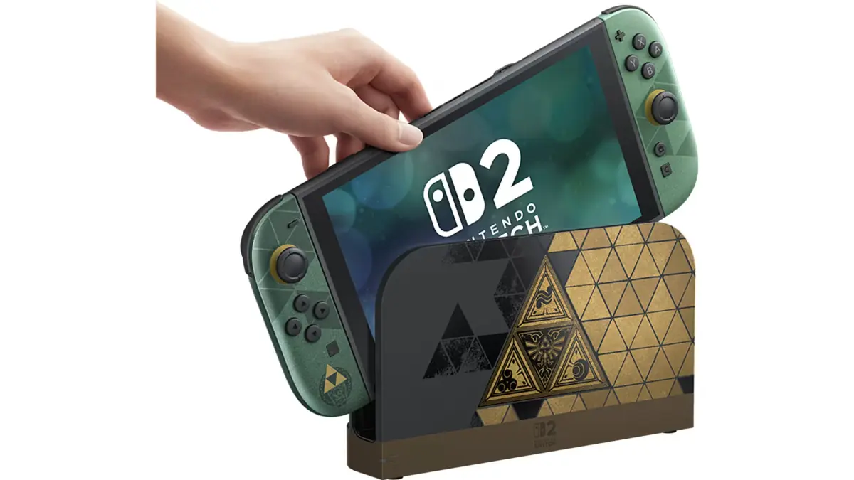 Nintendo Switch 2 edicao 40 anos de The Legend of Zelda na doca, com Trifórcia dourada e Joy-Con verdes