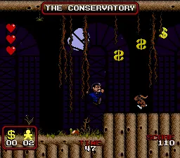 Gameplay de The Addams Family com Gomez na mansao no SNES