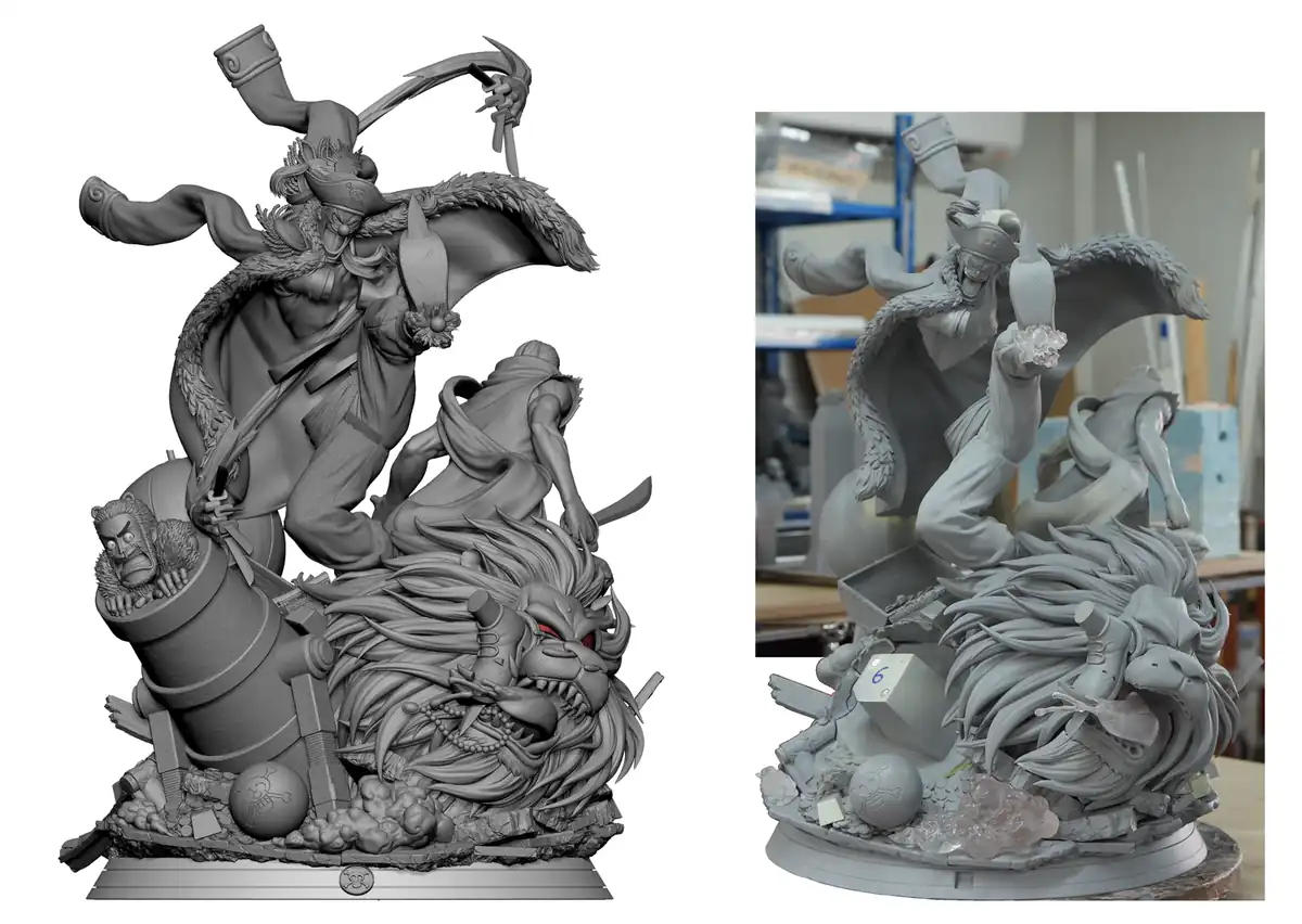 Escultura digital em 3D e protótipo impresso de uma estatua da Tsume, lado a lado