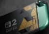 40 anos de Zelda além do jogo: filme, LEGO, amiibo e museu 40 anos de Zelda: verso do Nintendo Switch 2 edicao especial com padrao dourado da Triforce