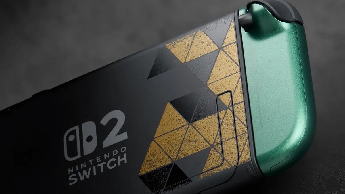 40 anos de Zelda: verso do Nintendo Switch 2 edicao especial com padrao dourado da Triforce