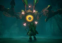 Como o Z-targeting de Ocarina of Time criou o combate 3D moderno Link encara o chefe Gohma com a seta de trava de mira do Z-targeting de Ocarina of Time