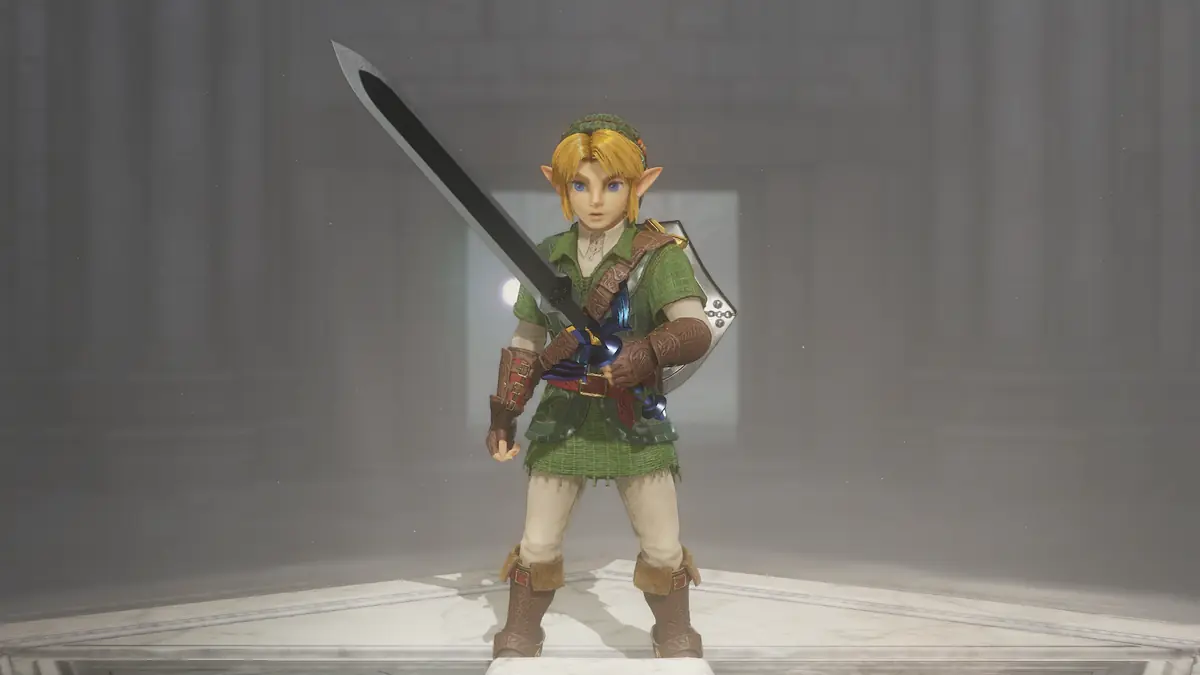 Link adulto com a Master Sword no remake de Ocarina of Time para Switch 2