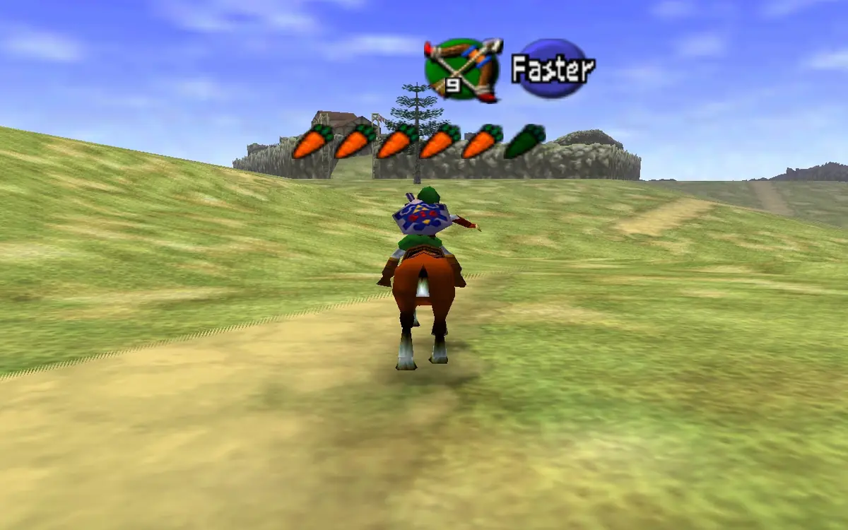 Link cavalgando a Epona no Campo de Hyrule em Ocarina of Time no Nintendo 64