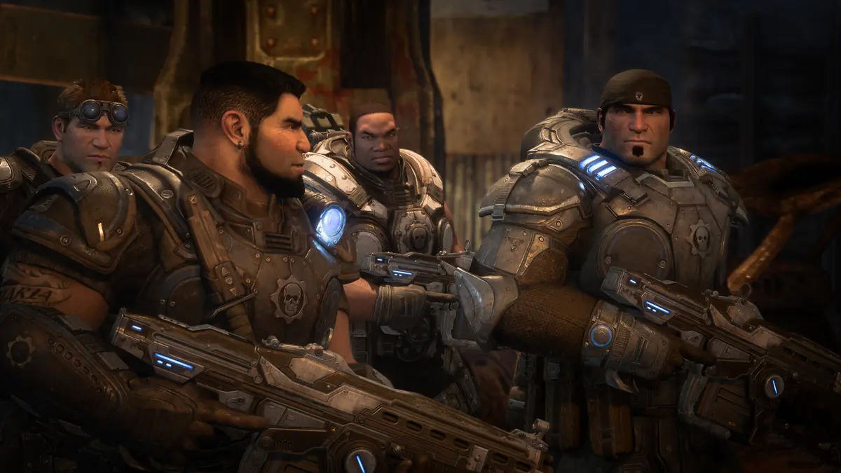 Esquadrao Delta com Marcus Fenix em Gears of War Reloaded, remasterizacao do primeiro jogo