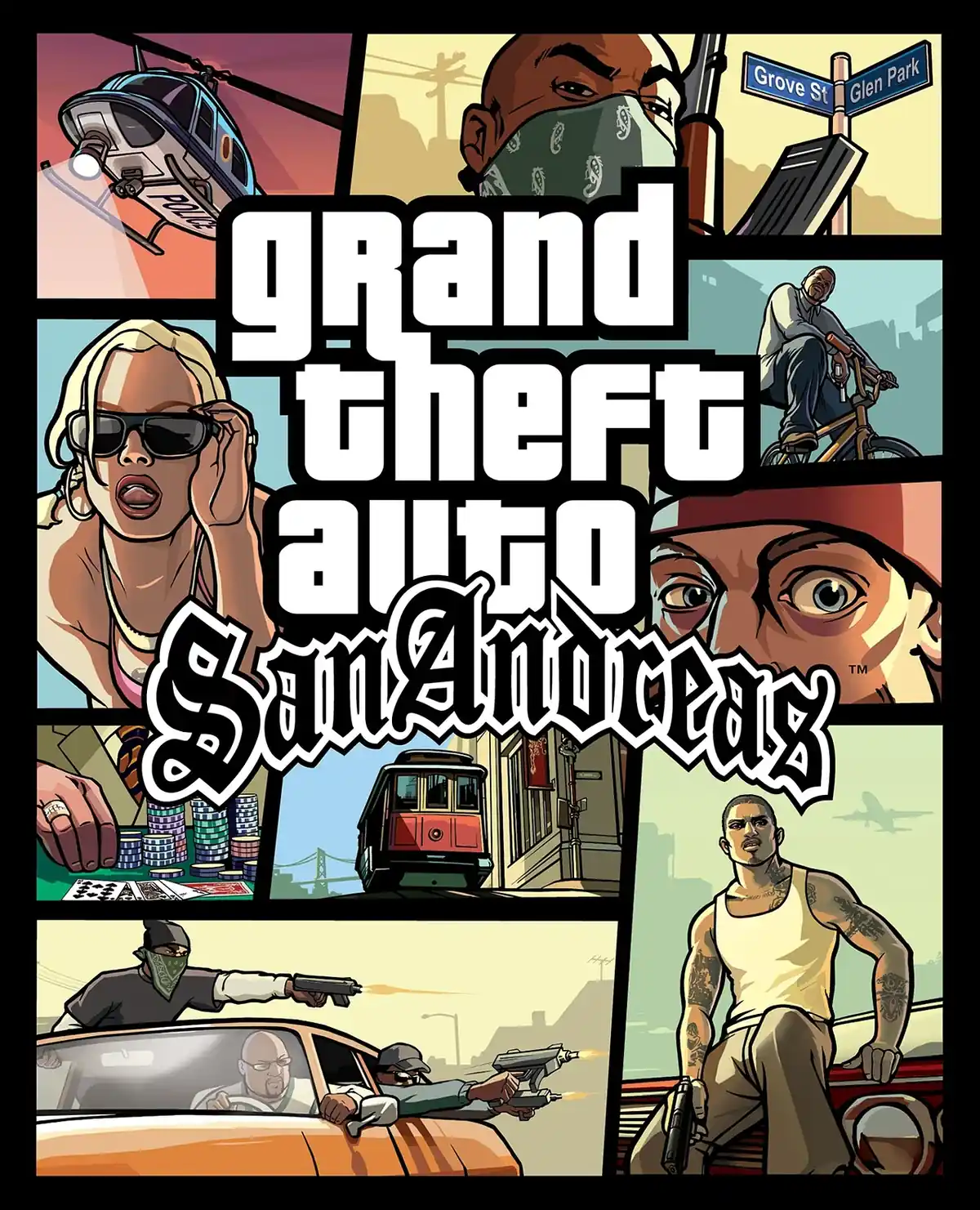 Capa de GTA San Andreas, lancado em 2004 e ambientado em 1992