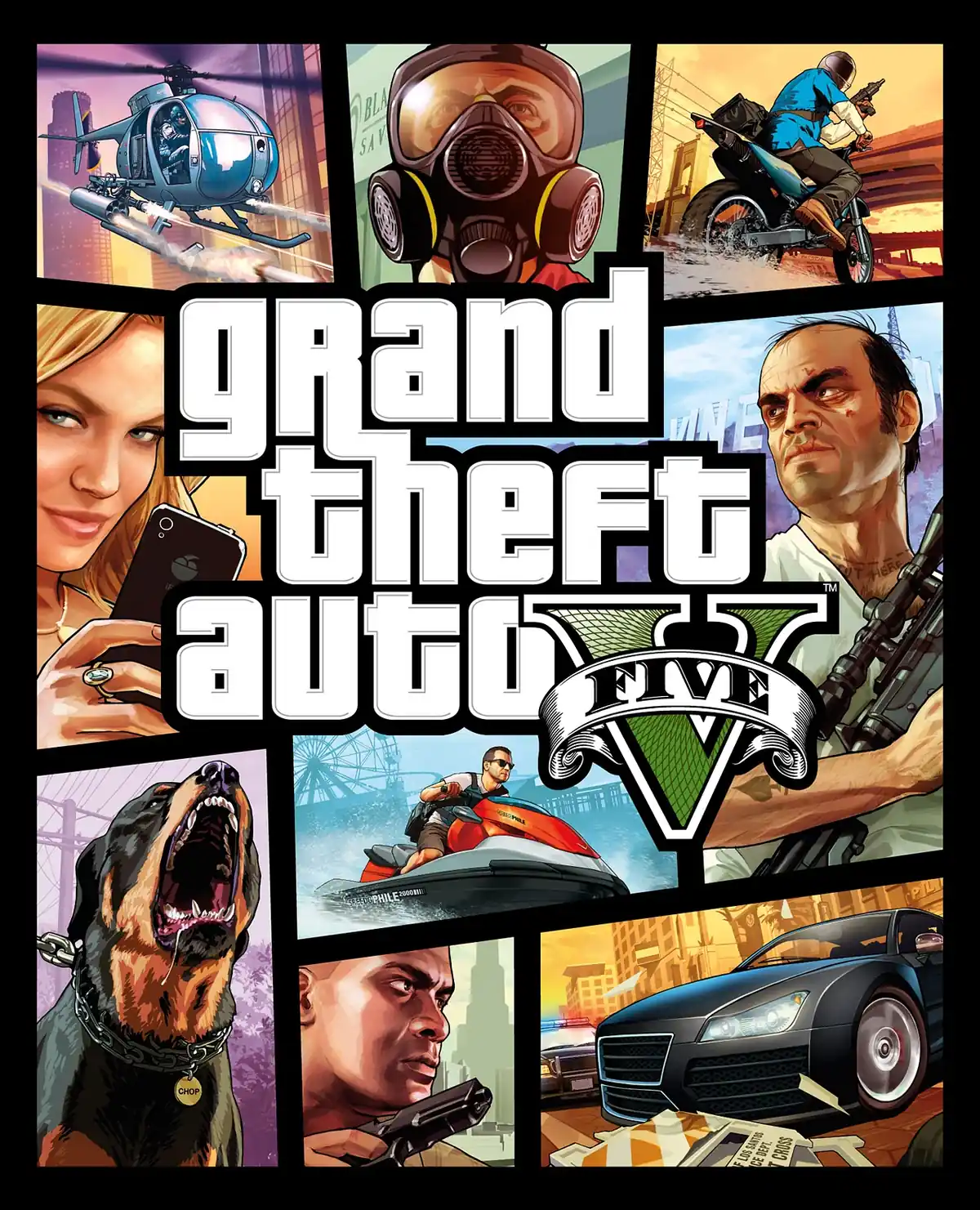 Capa de Grand Theft Auto V, lancado em 2013 com Michael, Franklin e Trevor