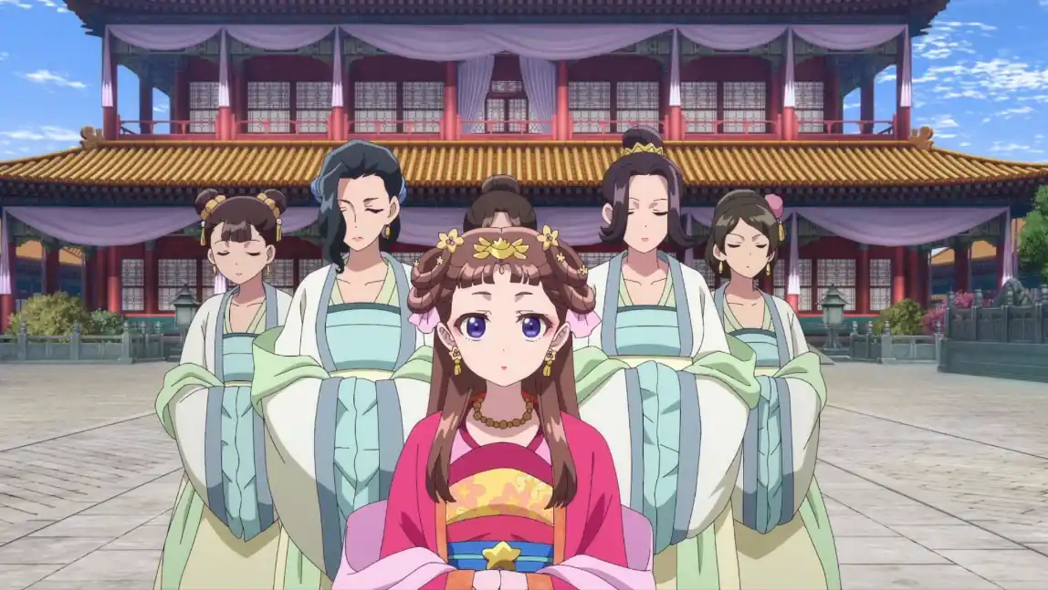 Lishu, a Consorte Virtuosa, com as damas de companhia diante do Pavilhão de Diamante no anime