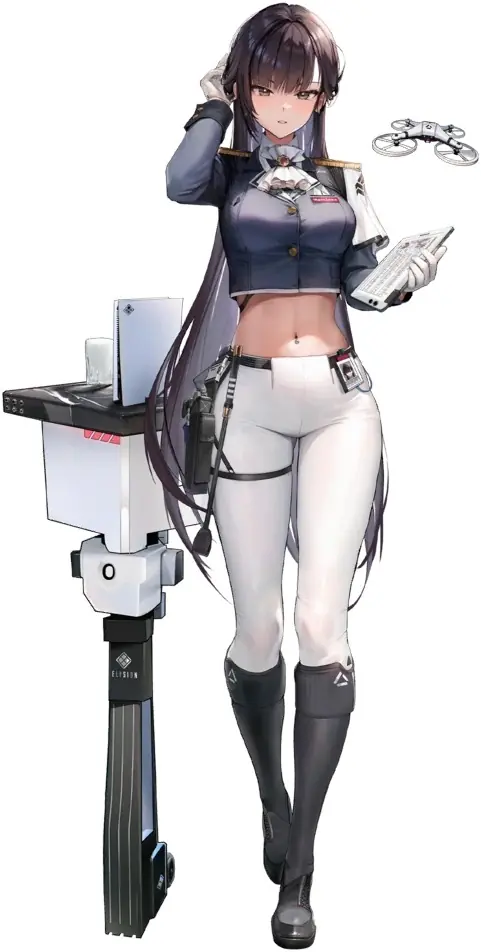 Arte oficial da Marciana em NIKKE com o drone secretario