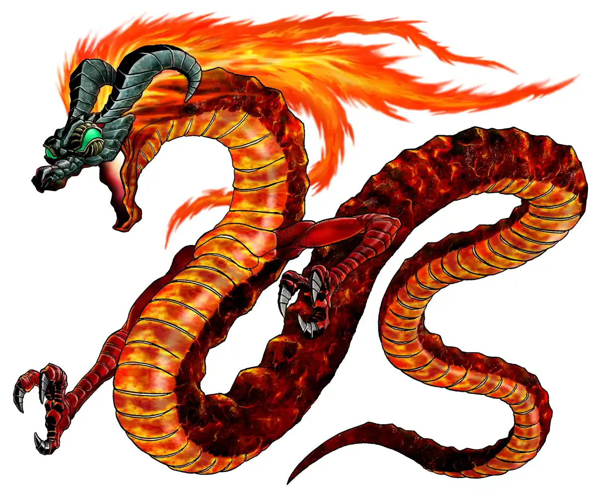 Arte oficial do dragão Volvagia, chefão do Templo do Fogo em Ocarina of Time