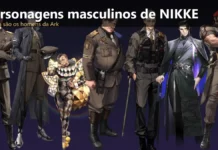Personagens masculinos de NIKKE: o Comandante, Andersen, Mustang e os homens da Ark Personagens masculinos de NIKKE: Andersen, Johan, Mustang, Burningum, Oswald, Enme e Doban