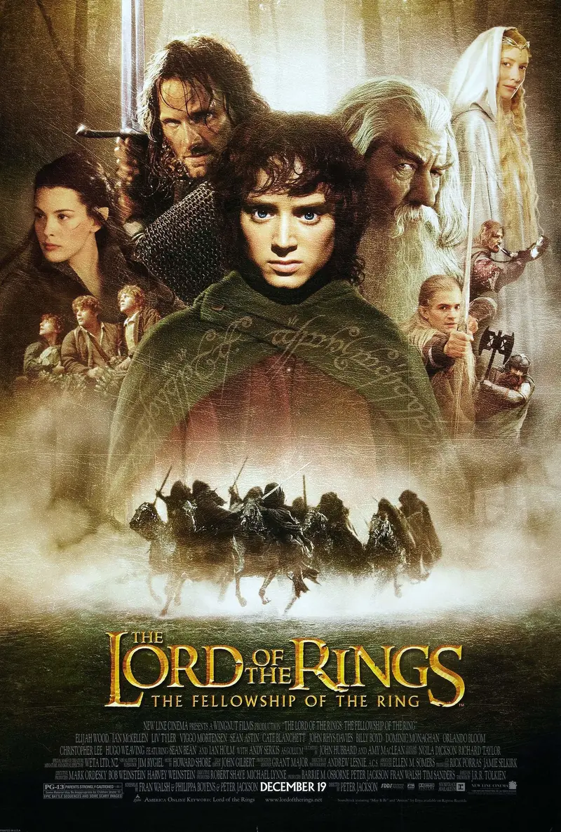 Pôster de O Senhor dos Anéis: A Sociedade do Anel, de 2001, com Frodo, Aragorn e Gandalf