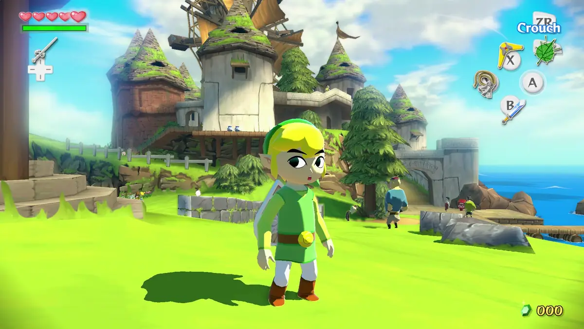 Link expressivo em Windfall Island em The Wind Waker HD