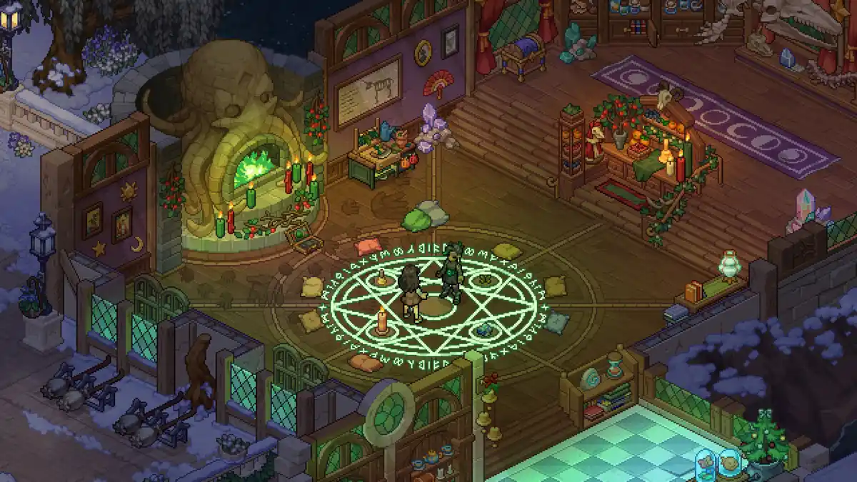 Cena de Witchbrook com estudantes de magia em um círculo de ritual dentro da escola